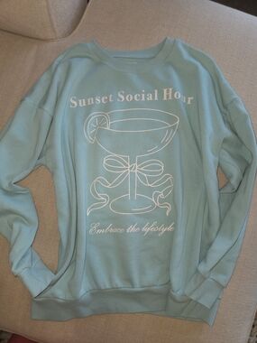 Sunset Social Hour Light Blue Graphic Sweatshirt - Women's Casual Pullover